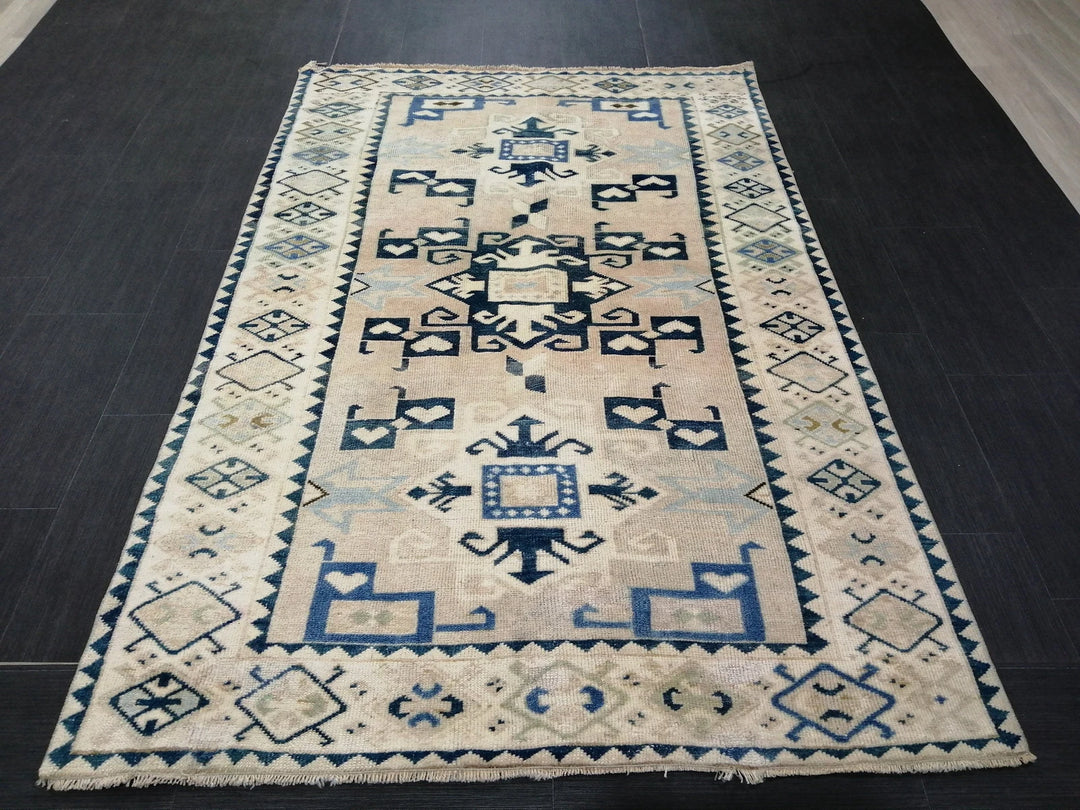 Beige Turkish Runner Rug 4' 5" x 6' 9" Hand-Knotted | No. WR54444