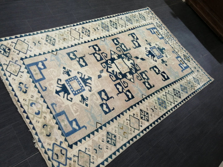 Beige Turkish Runner Rug 4' 5" x 6' 9" Hand-Knotted | No. WR54444