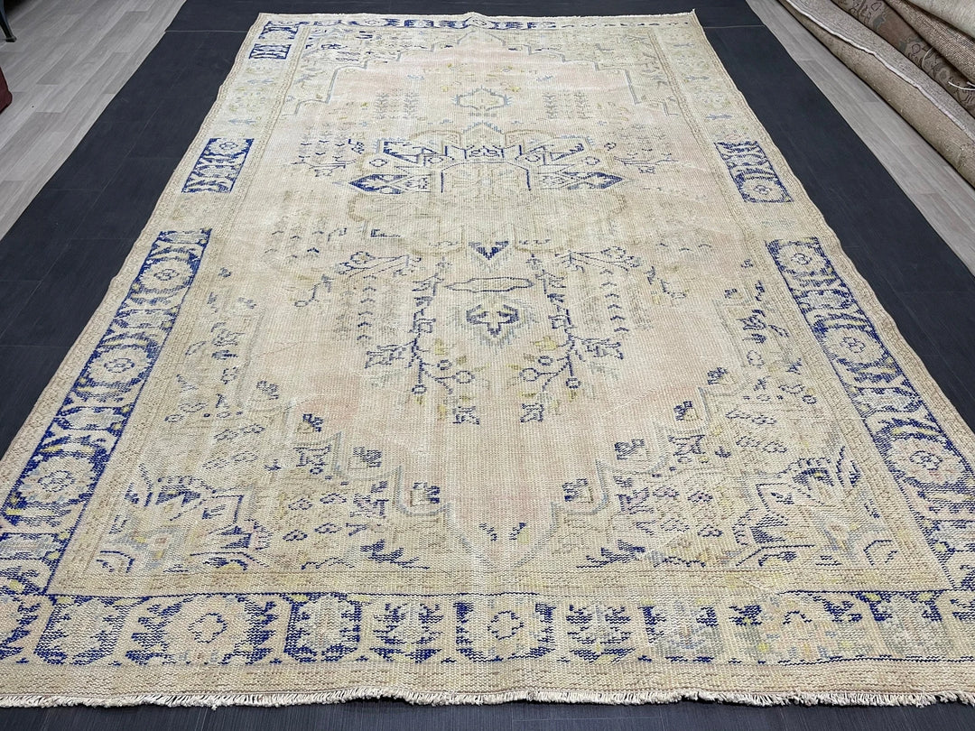 Beige Turkish Runner Rug 7' 1" x 11' Hand-Knotted | No. WR57024