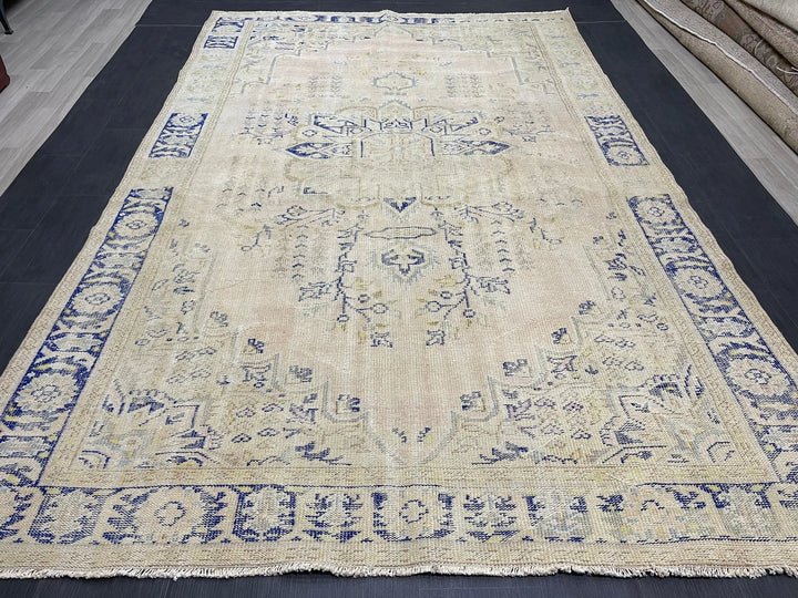 Beige Turkish Runner Rug 7' 1" x 11' Hand-Knotted | No. WR57024