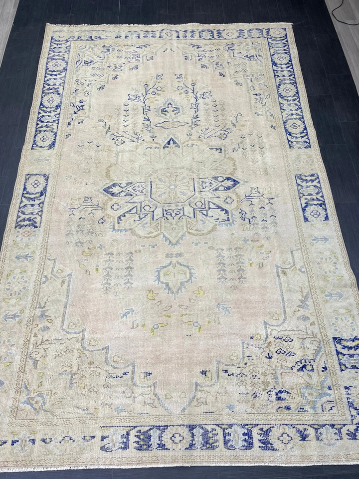 Beige Turkish Runner Rug 7' 1" x 11' Hand-Knotted | No. WR57024