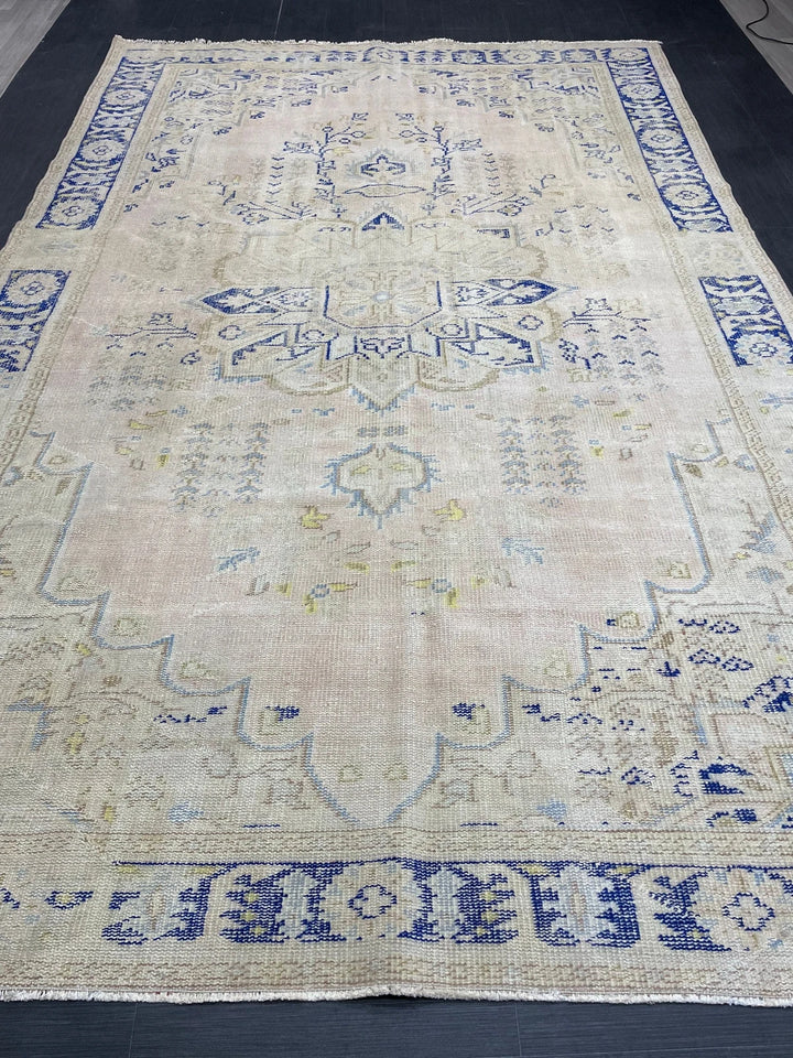 Beige Turkish Runner Rug 7' 1" x 11' Hand-Knotted | No. WR57024