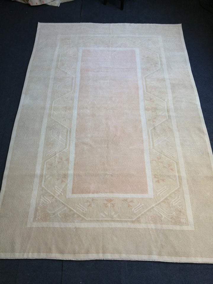 Beige Turkish Runner Rug 6' 4" x 9' 4" Hand-Knotted | No. WR57321