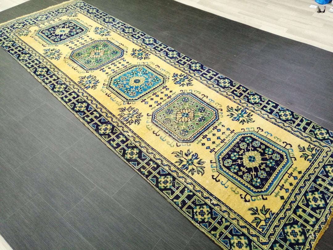 Beige Turkish Runner Rug 3' 11" x 11' 4" Hand-Knotted | No. WR59887