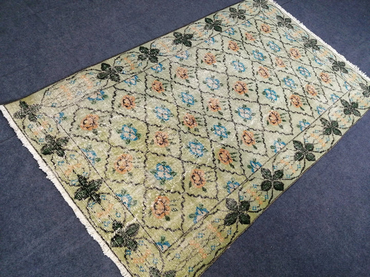 Green Turkish Runner Rug 3' 8" x 6' 2" Hand-Knotted | No. WR60907