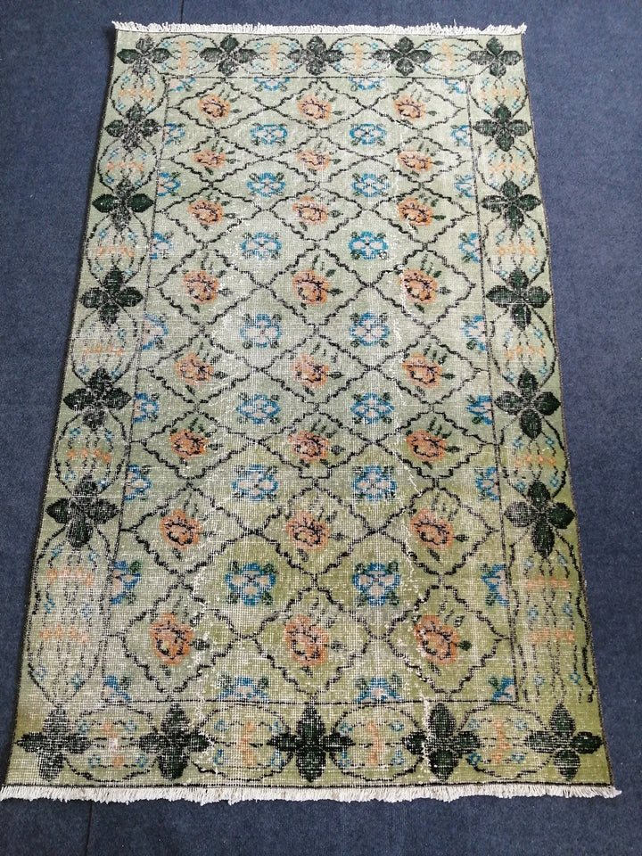 Green Turkish Runner Rug 3' 8" x 6' 2" Hand-Knotted | No. WR60907