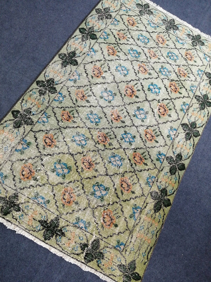 Green Turkish Runner Rug 3' 8" x 6' 2" Hand-Knotted | No. WR60907