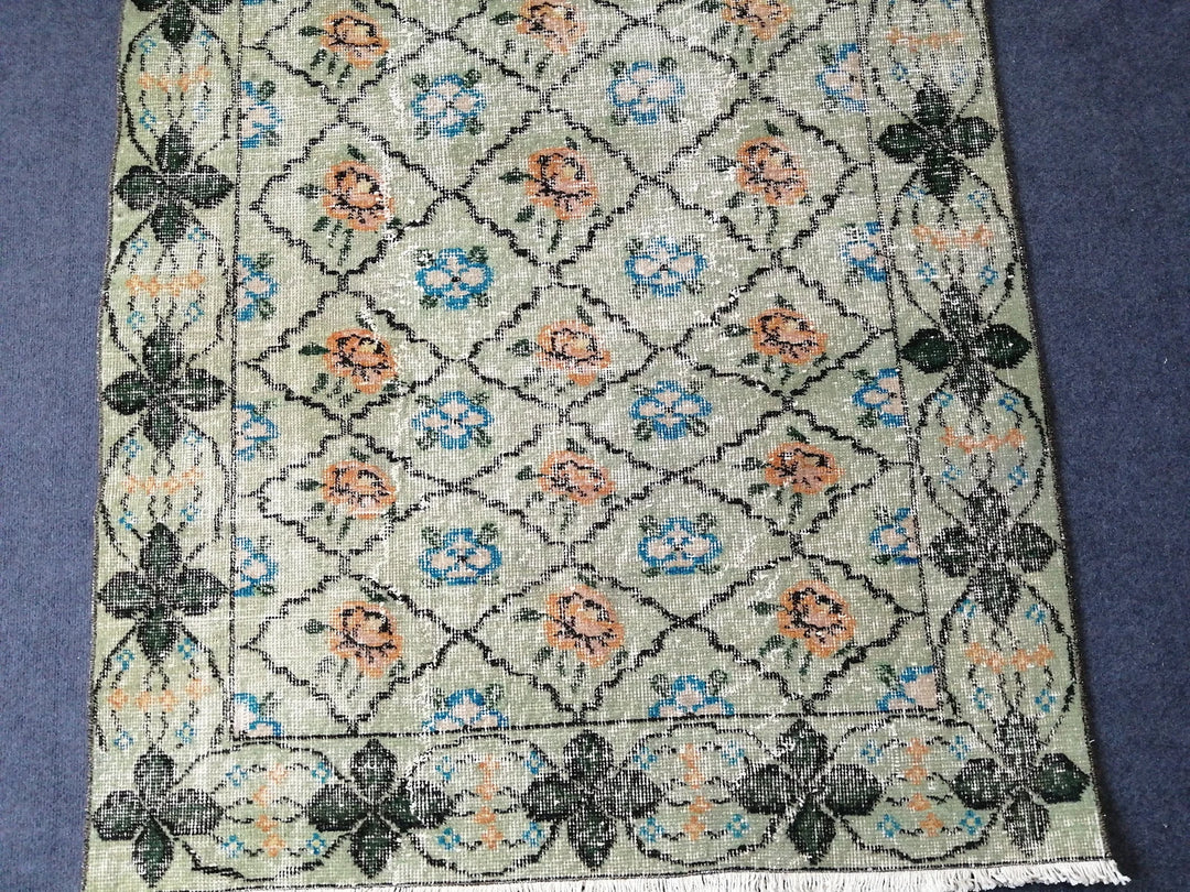 Green Turkish Runner Rug 3' 8" x 6' 2" Hand-Knotted | No. WR60907