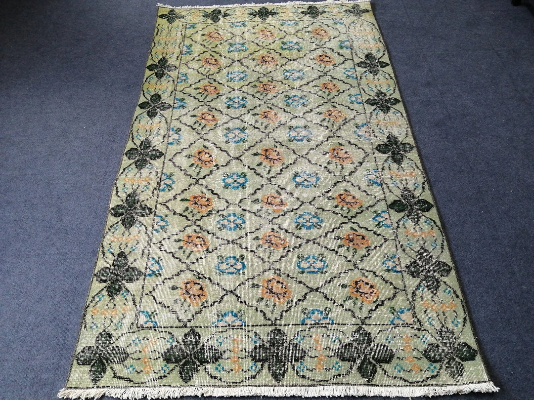 Green Turkish Runner Rug 3' 8" x 6' 2" Hand-Knotted | No. WR60907