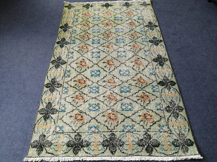Green Turkish Runner Rug 3' 8" x 6' 2" Hand-Knotted | No. WR60907