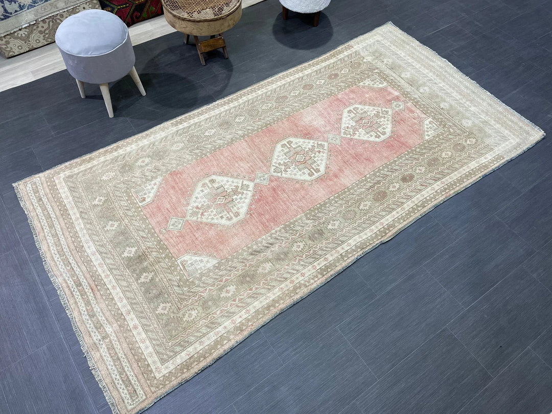 Beige Turkish Runner Rug 4' 2" x 8' 5" Hand-Knotted | No. WR61329
