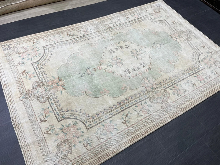 Green Turkish Runner Rug 5' 11" x 8' 11" Hand-Knotted | No. WR62038