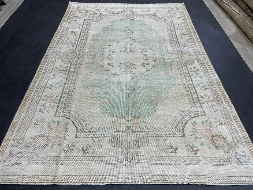 Green Turkish Runner Rug 5' 11" x 8' 11" Hand-Knotted | No. WR62038