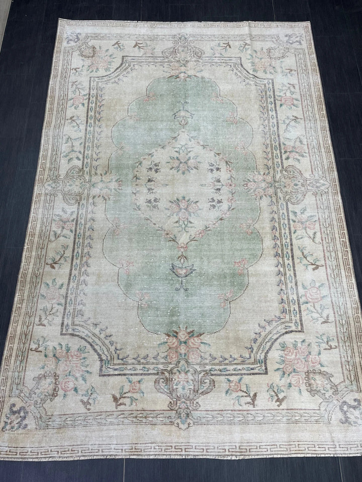 Green Turkish Runner Rug 5' 11" x 8' 11" Hand-Knotted | No. WR62038