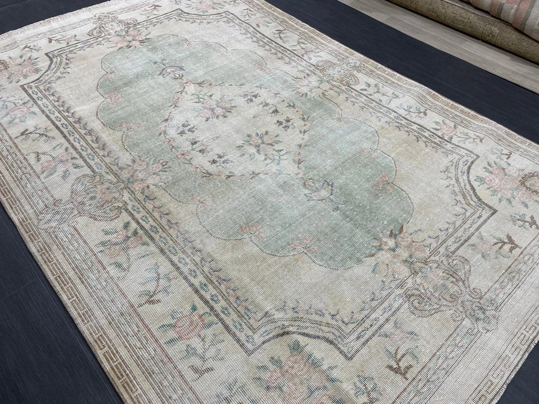 Green Turkish Runner Rug 5' 11" x 8' 11" Hand-Knotted | No. WR62038