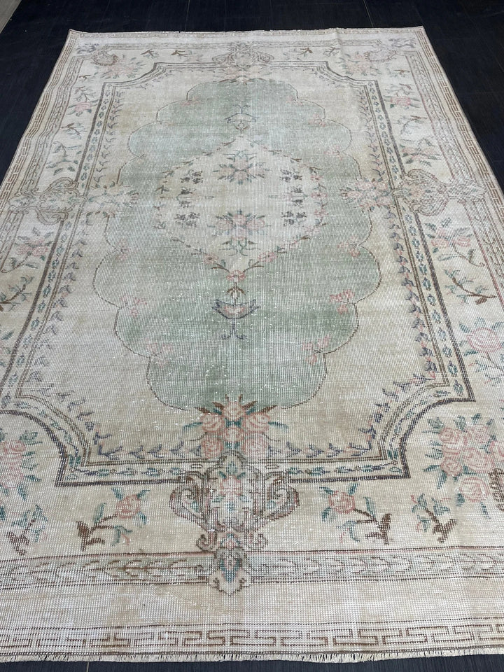 Green Turkish Runner Rug 5' 11" x 8' 11" Hand-Knotted | No. WR62038