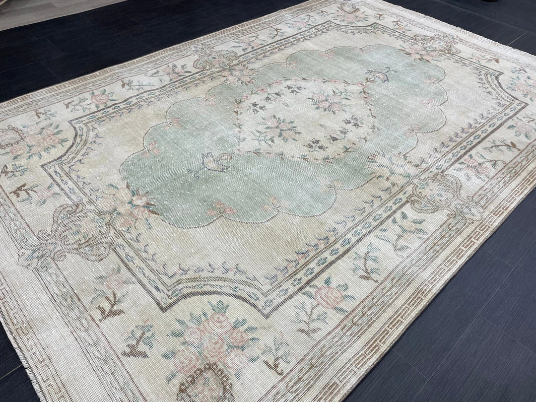 Green Turkish Runner Rug 5' 11" x 8' 11" Hand-Knotted | No. WR62038