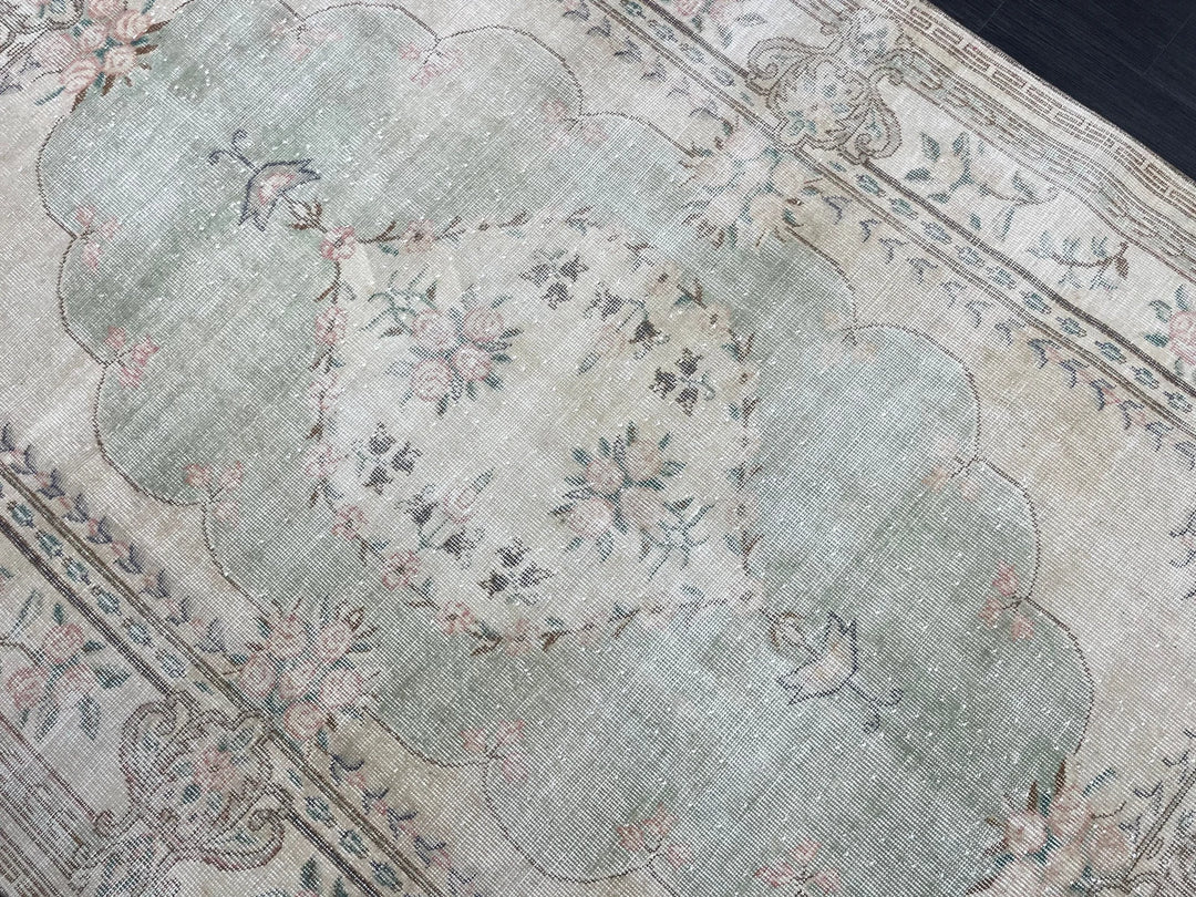 Green Turkish Runner Rug 5' 11" x 8' 11" Hand-Knotted | No. WR62038