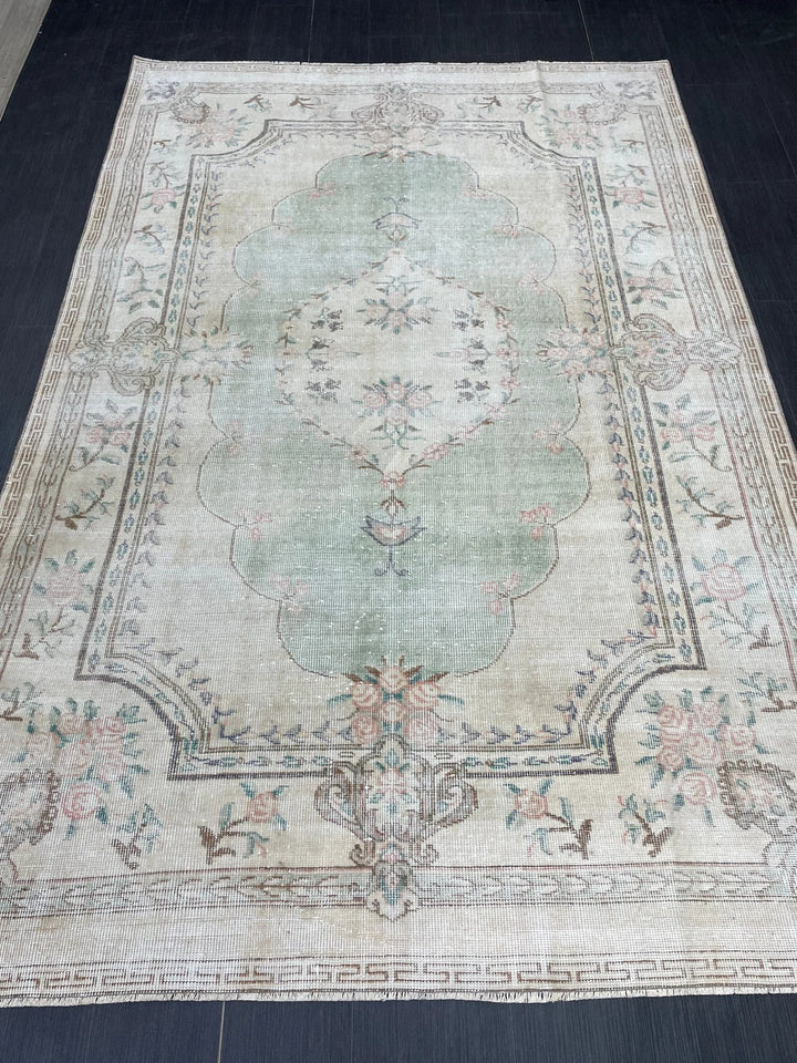Green Turkish Runner Rug 5' 11" x 8' 11" Hand-Knotted | No. WR62038