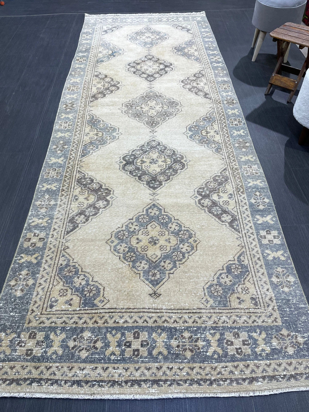 Blue Turkish Runner Rug 3' 9" x 10' 10" Hand-Knotted | No. WR62056