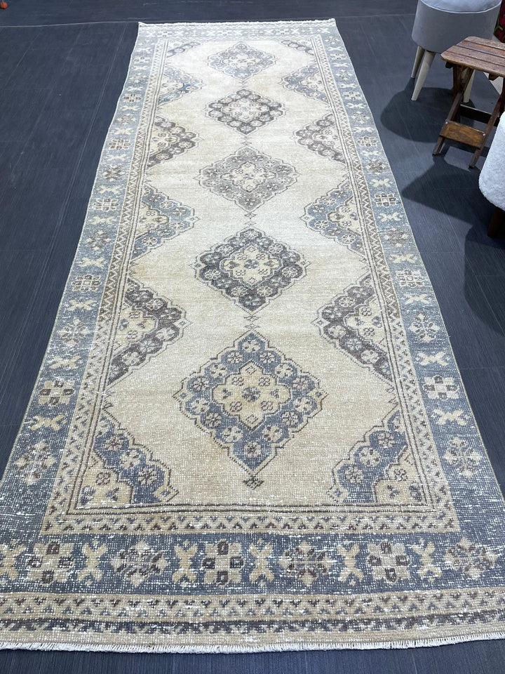 Blue Turkish Runner Rug 3' 9" x 10' 10" Hand-Knotted | No. WR62056