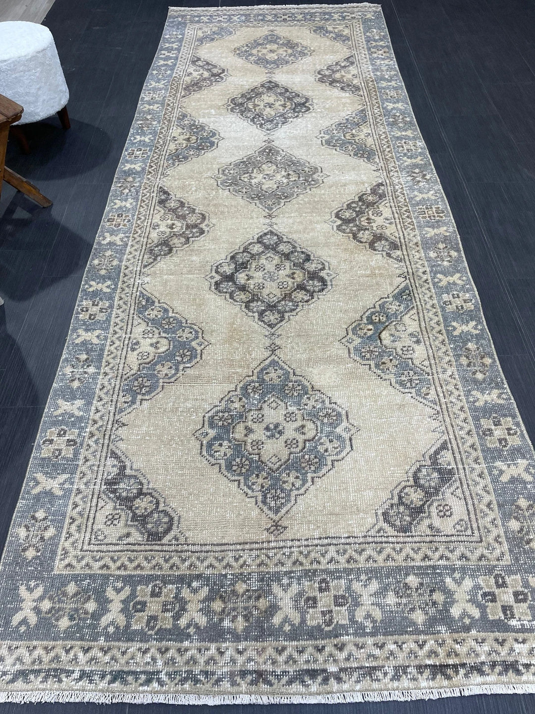 Blue Turkish Runner Rug 3' 9" x 10' 10" Hand-Knotted | No. WR62056