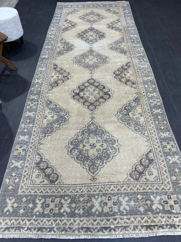 Blue Turkish Runner Rug 3' 9" x 10' 10" Hand-Knotted | No. WR62056