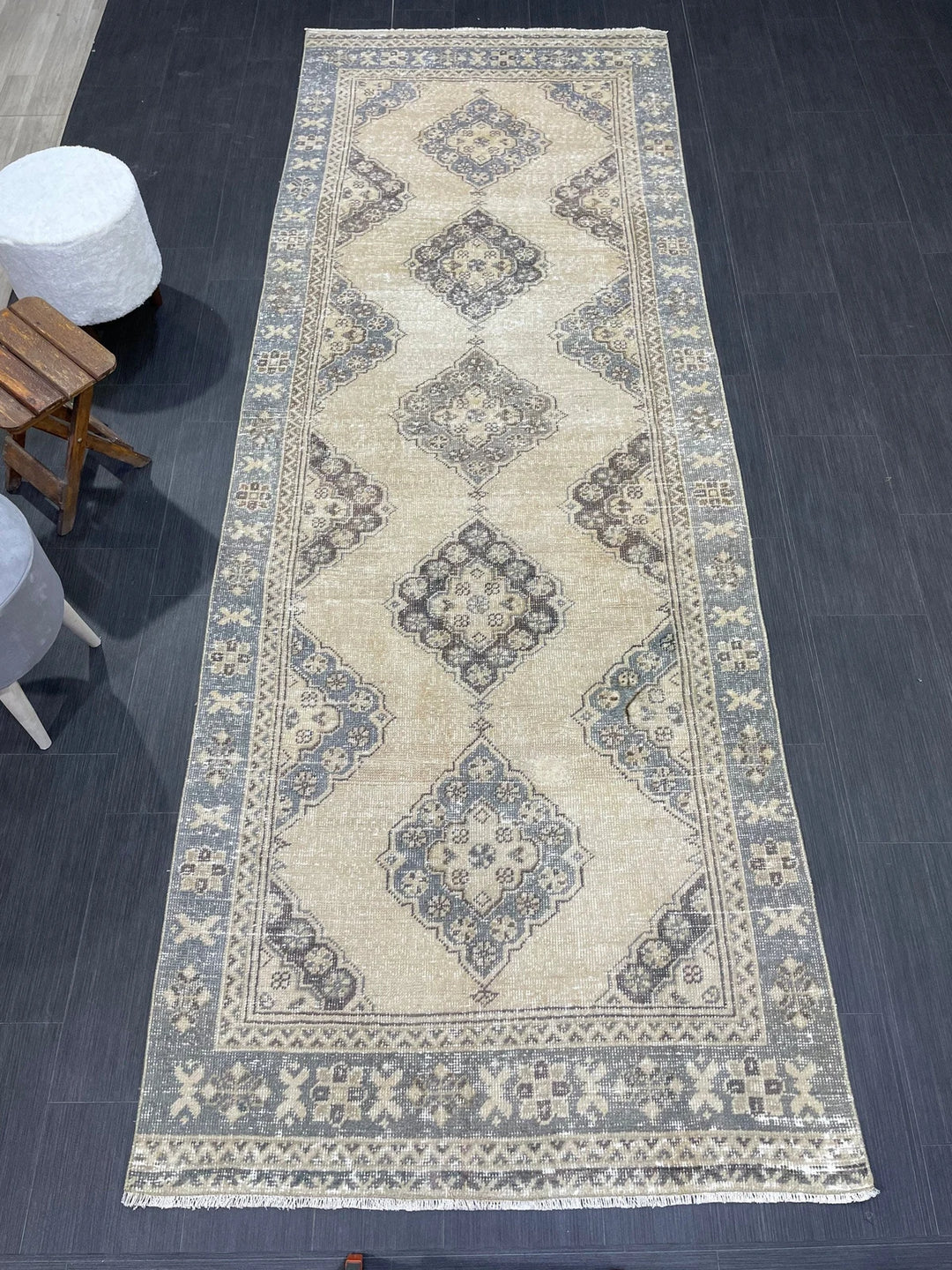 Blue Turkish Runner Rug 3' 9" x 10' 10" Hand-Knotted | No. WR62056