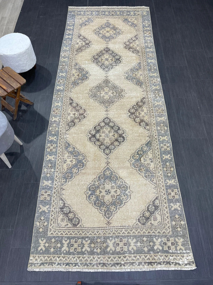 Blue Turkish Runner Rug 3' 9" x 10' 10" Hand-Knotted | No. WR62056