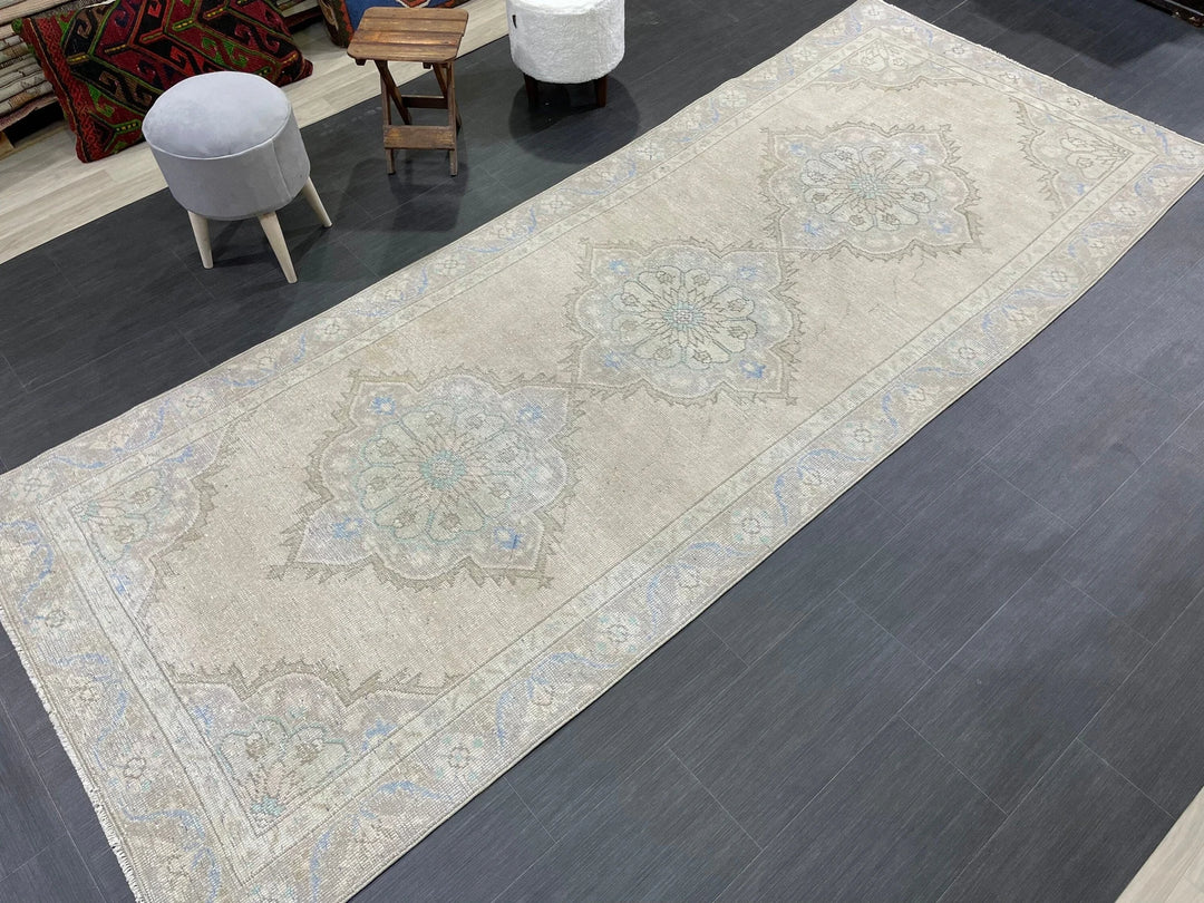Beige Turkish Runner Rug 4' 3" x 10' 9" Hand-Knotted | No. WR64159