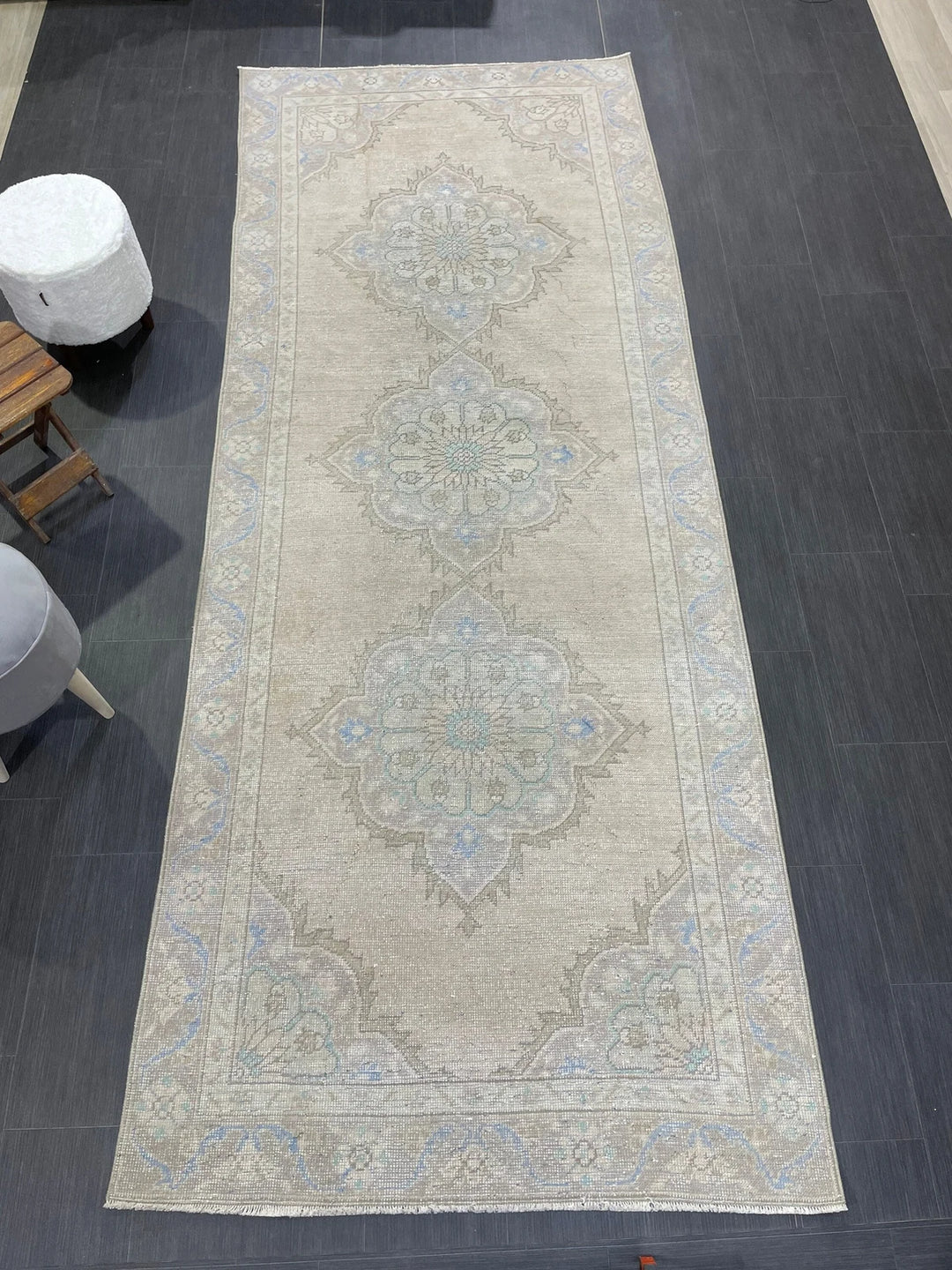 Beige Turkish Runner Rug 4' 3" x 10' 9" Hand-Knotted | No. WR64159