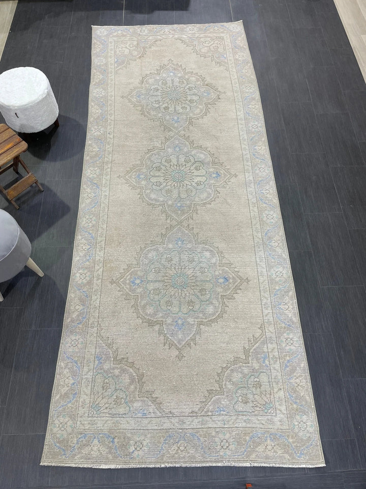 Beige Turkish Runner Rug 4' 3" x 10' 9" Hand-Knotted | No. WR64159