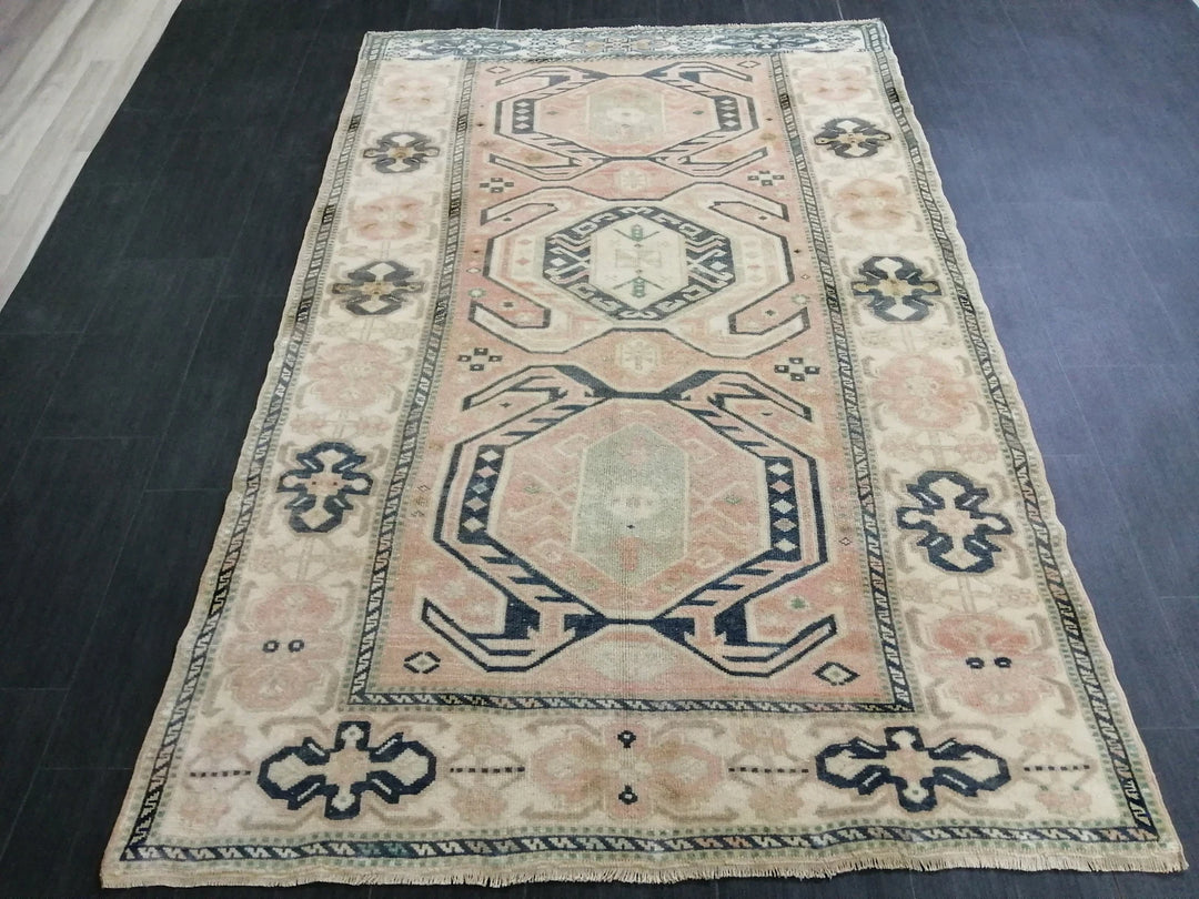 Beige Turkish Runner Rug 4' 8" x 7' 3" Hand-Knotted | No. WR64366