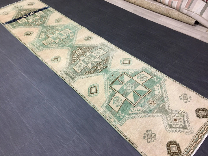 Green Turkish Runner Rug 2' 8" x 11' 7" Hand-Knotted | No. WR64758