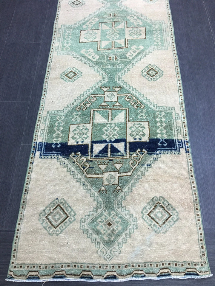 Green Turkish Runner Rug 2' 8" x 11' 7" Hand-Knotted | No. WR64758