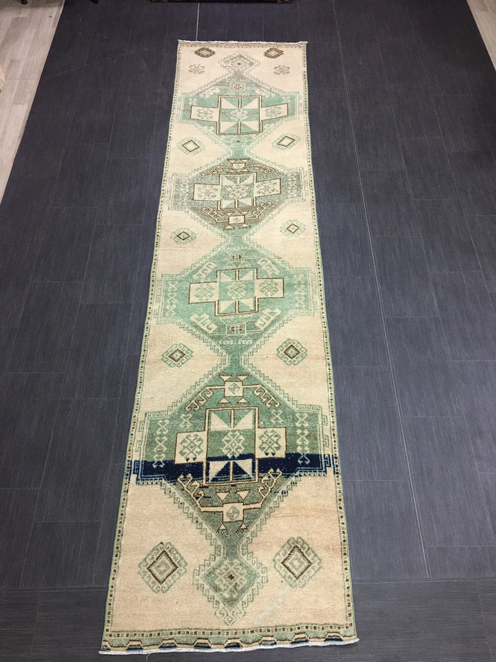Green Turkish Runner Rug 2' 8" x 11' 7" Hand-Knotted | No. WR64758