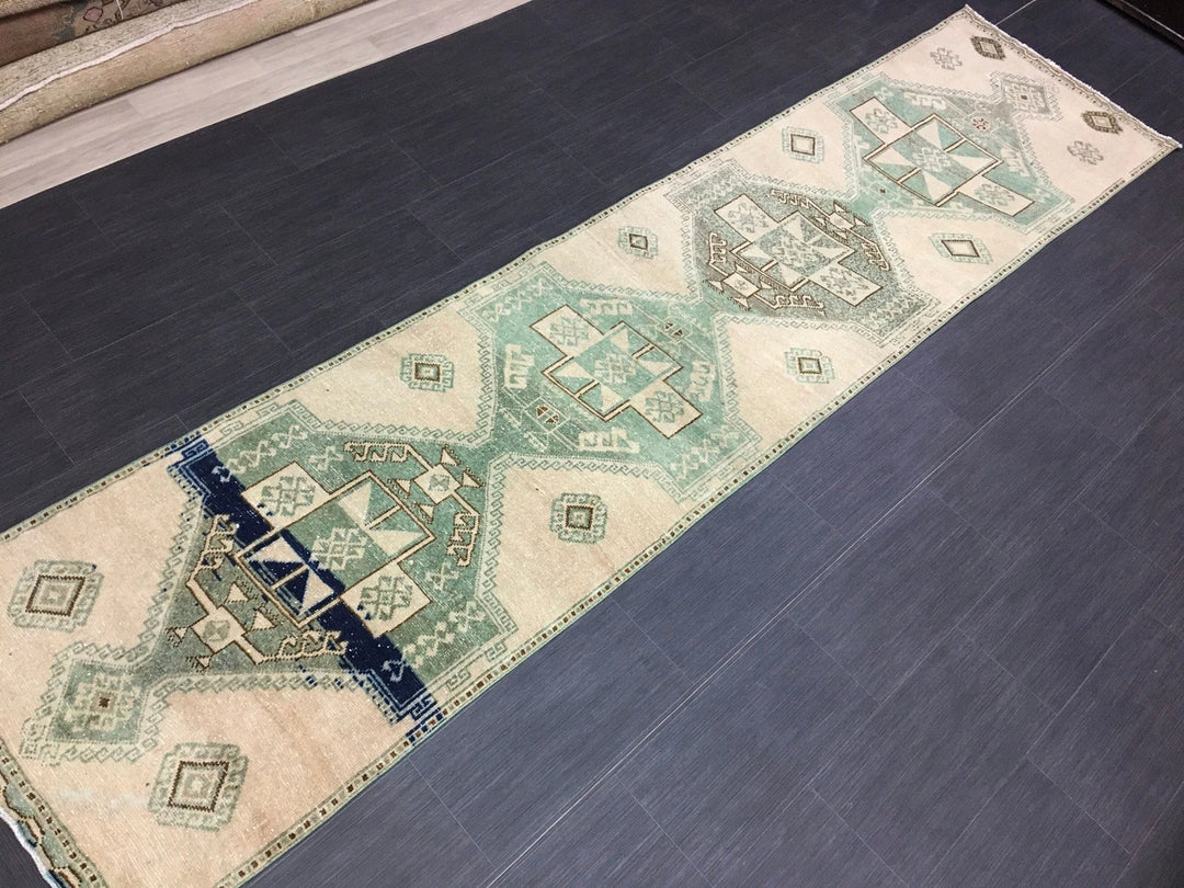 Green Turkish Runner Rug 2' 8" x 11' 7" Hand-Knotted | No. WR64758