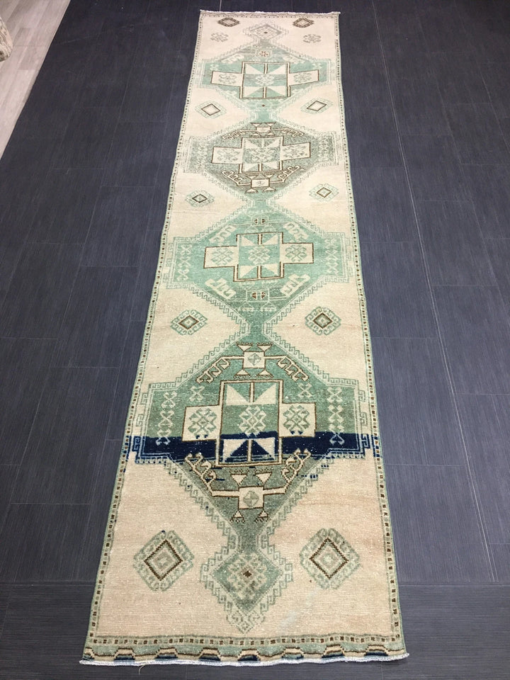 Green Turkish Runner Rug 2' 8" x 11' 7" Hand-Knotted | No. WR64758