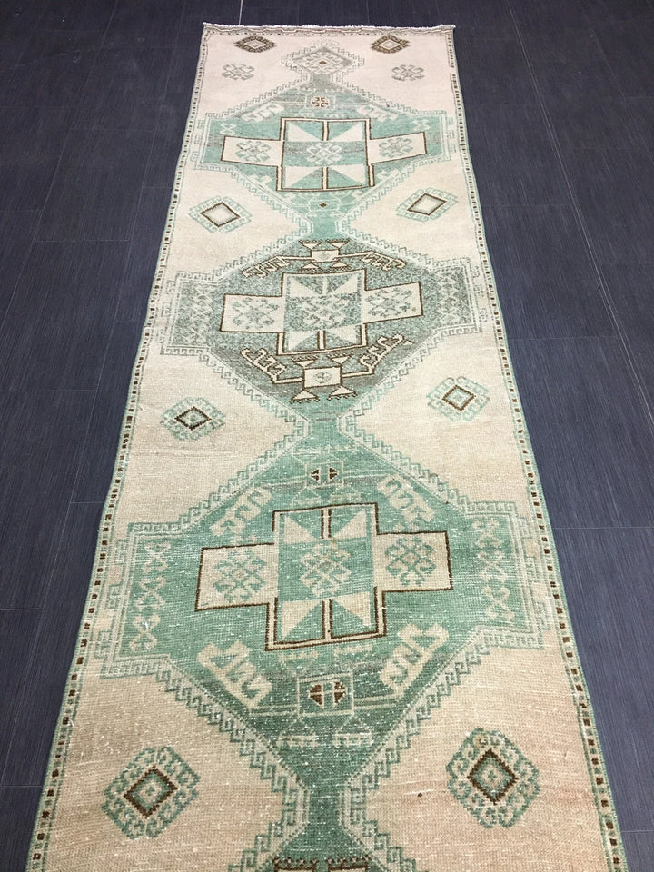 Green Turkish Runner Rug 2' 8" x 11' 7" Hand-Knotted | No. WR64758