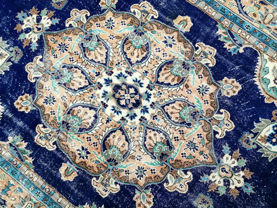 Blue Turkish Runner Rug 7' 2" x 10' 8" Hand-Knotted | No. WR67070