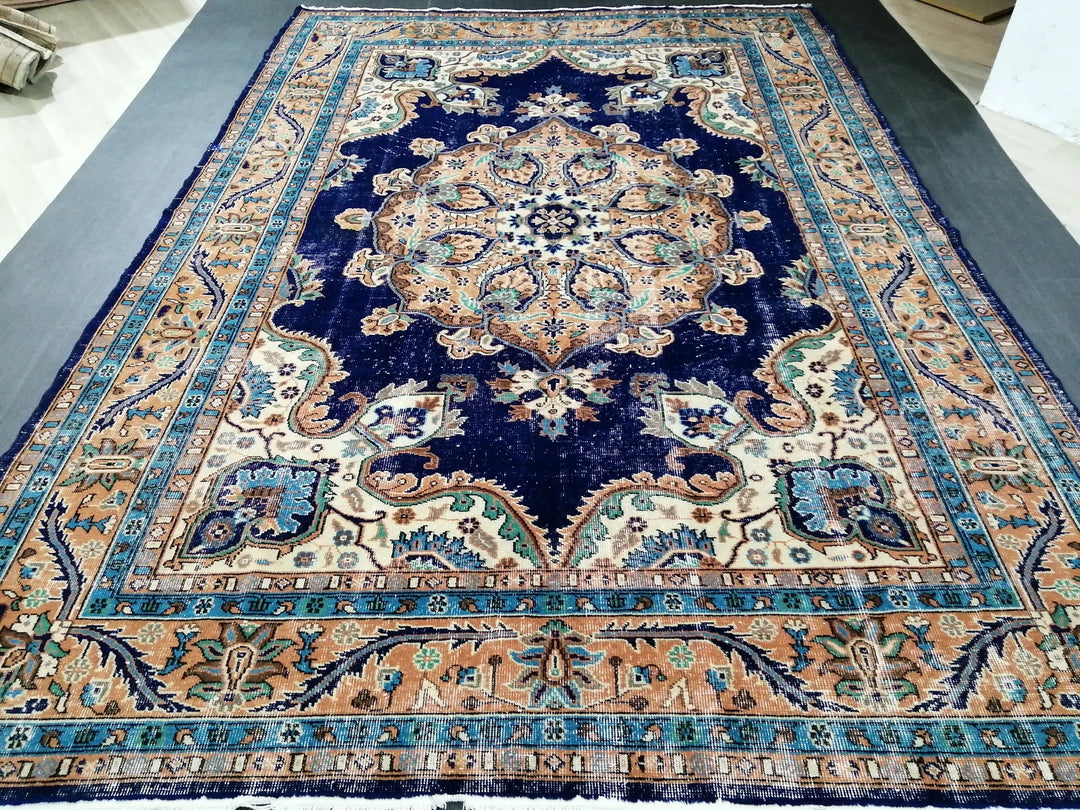 Blue Turkish Runner Rug 7' 2" x 10' 8" Hand-Knotted | No. WR67070