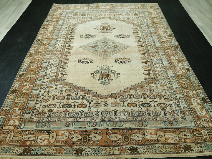 Beige Turkish Runner Rug 6' 6" x 9' 2" Hand-Knotted | No. WR67529