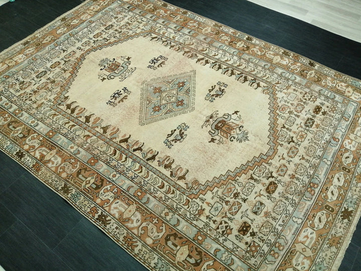 Beige Turkish Runner Rug 6' 6" x 9' 2" Hand-Knotted | No. WR67529
