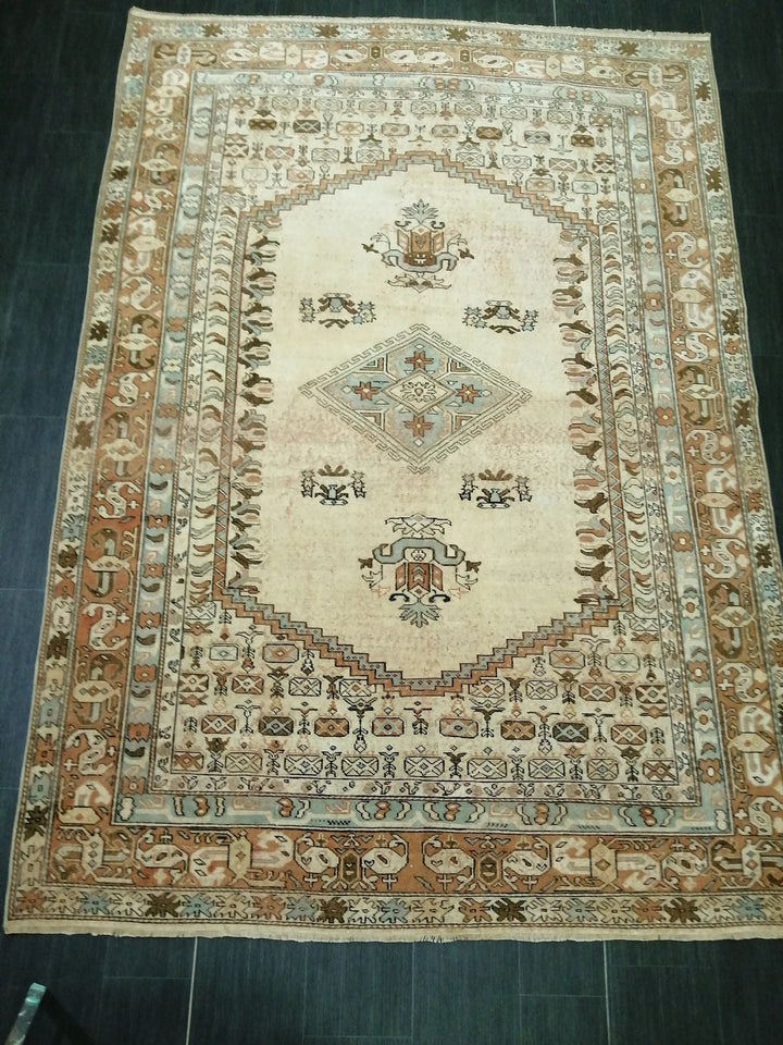 Beige Turkish Runner Rug 6' 6" x 9' 2" Hand-Knotted | No. WR67529