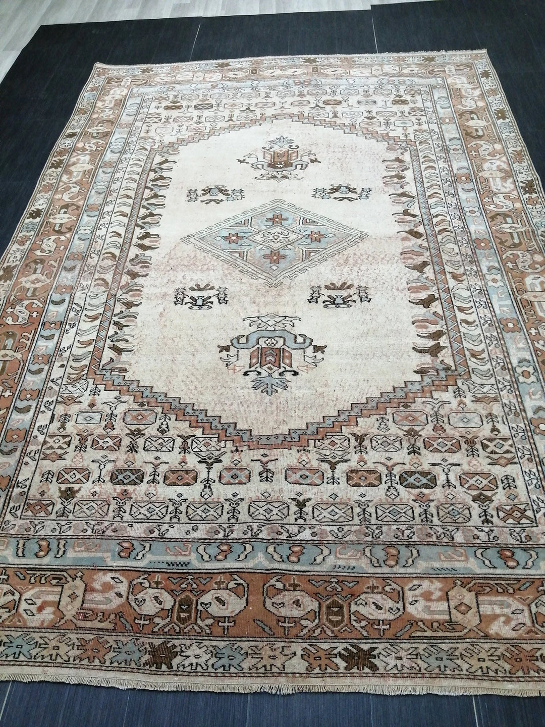 Beige Turkish Runner Rug 6' 6" x 9' 2" Hand-Knotted | No. WR67529