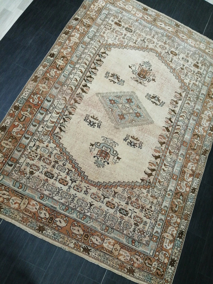 Beige Turkish Runner Rug 6' 6" x 9' 2" Hand-Knotted | No. WR67529
