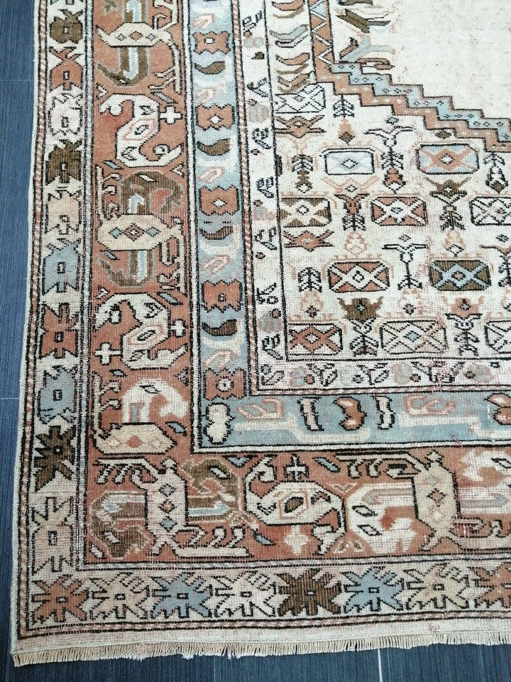 Beige Turkish Runner Rug 6' 6" x 9' 2" Hand-Knotted | No. WR67529