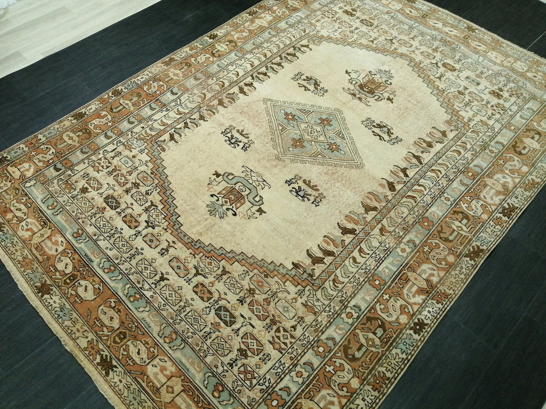 Beige Turkish Runner Rug 6' 6" x 9' 2" Hand-Knotted | No. WR67529
