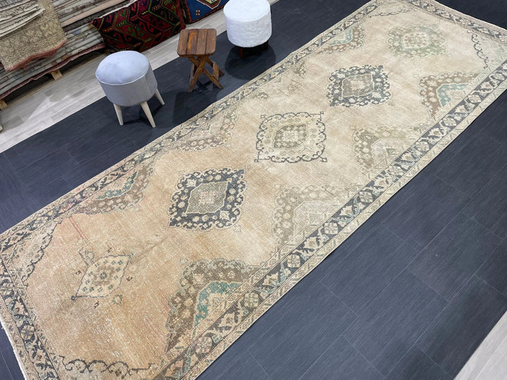 Beige Turkish Runner Rug 4' 8" x 13' Hand-Knotted | No. WR71767
