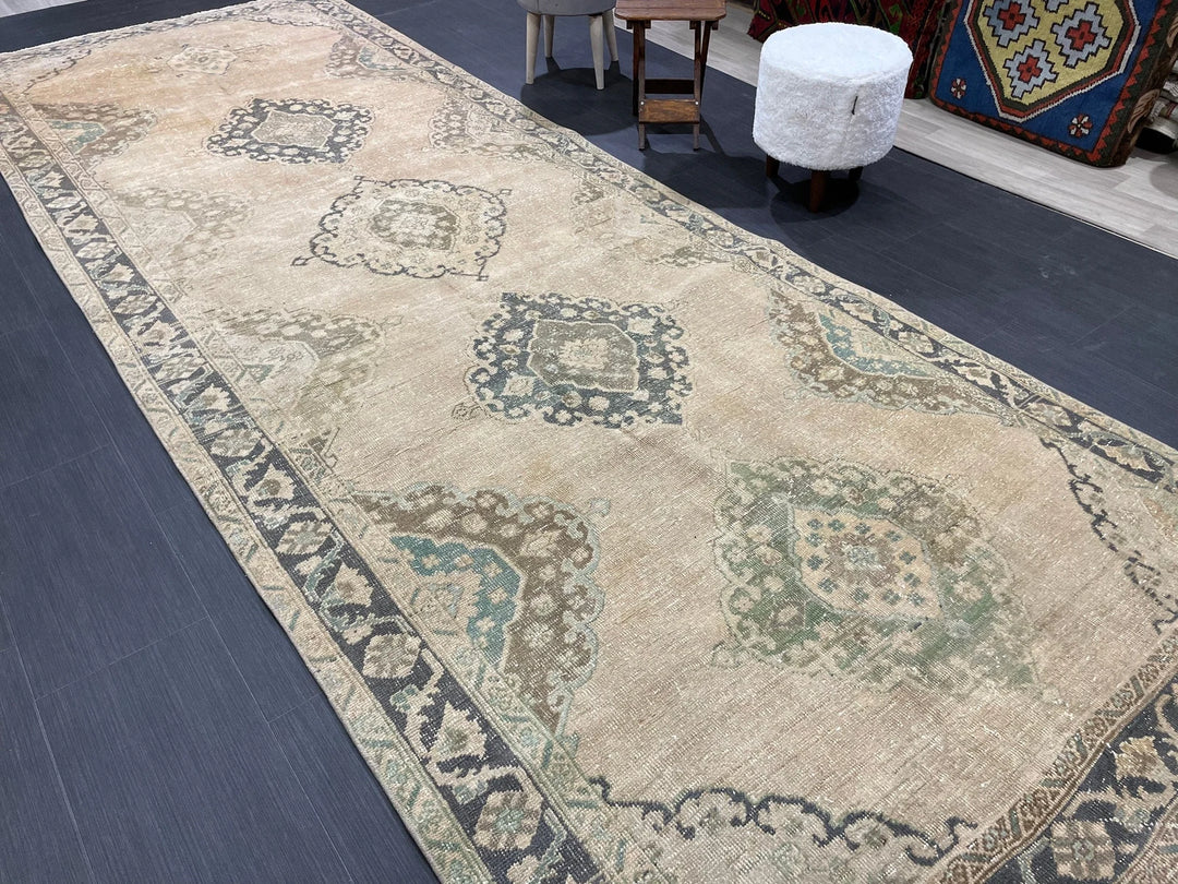 Beige Turkish Runner Rug 4' 8" x 13' Hand-Knotted | No. WR71767